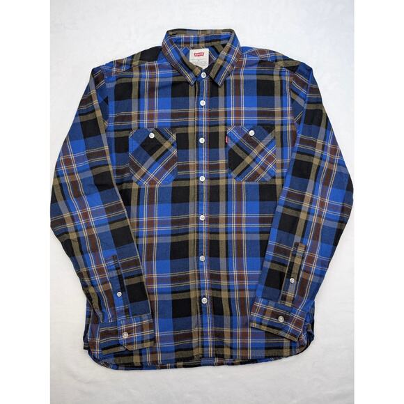 Levi's Mens Plaid Flannel Button Up Shirt Medium Long Sleeve Western Blue - Picture 3 of 7